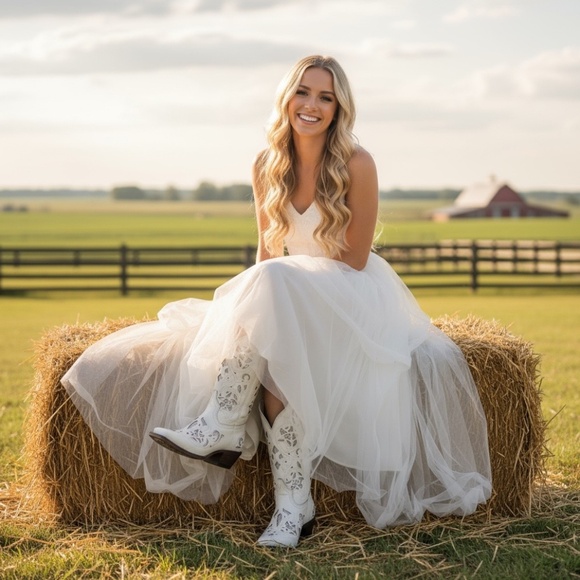 El Corral Western White Leather Bling Inlay boots - SZ 25.5 = 8.5 - Picture 3 of 17